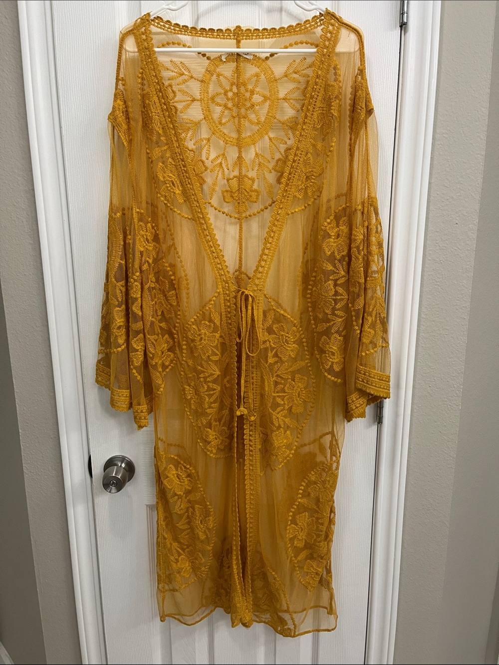 Embroidered Sheer Kimono Cover-Up in Mustard